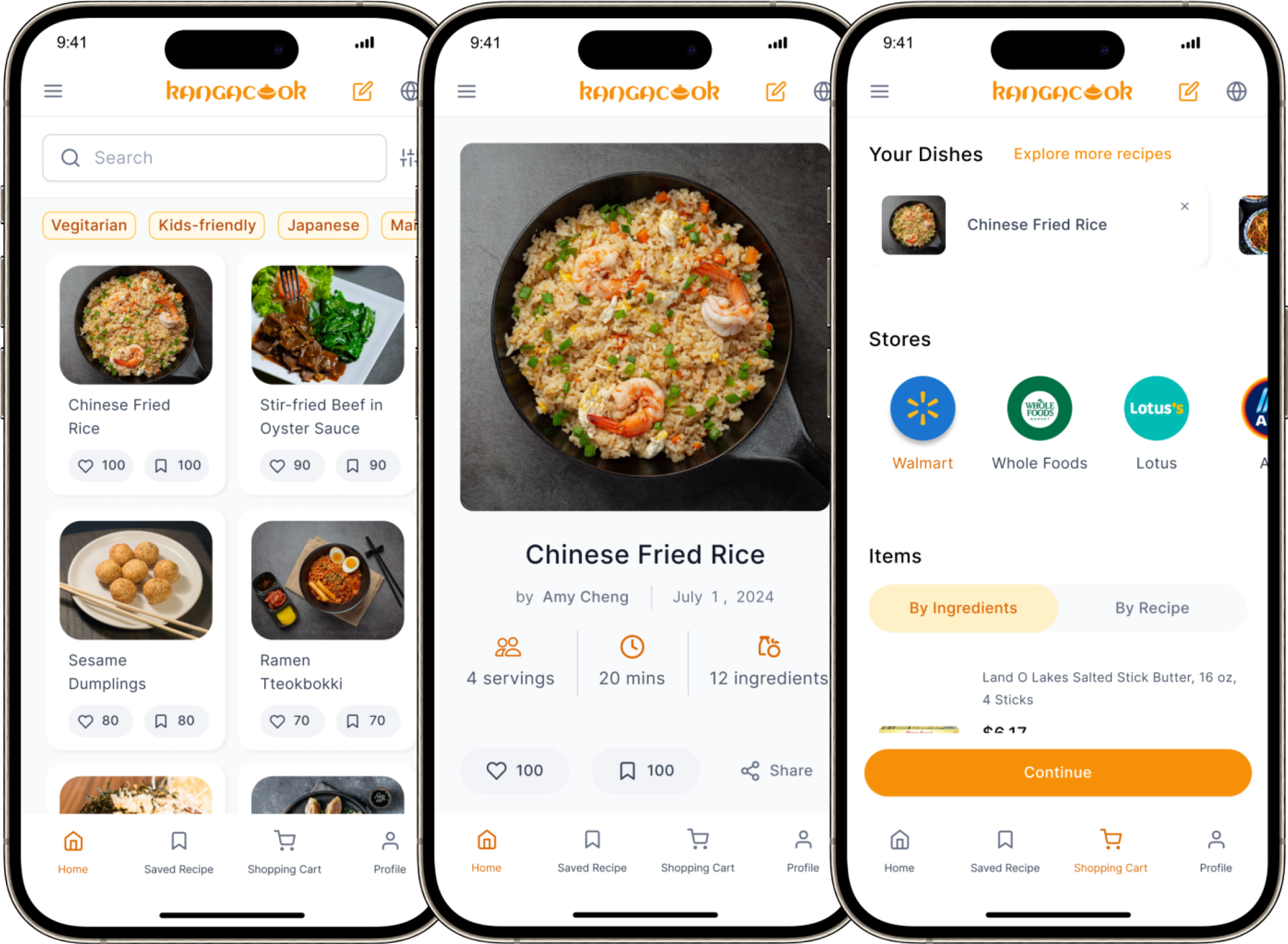 KangaCook app 畫面,包含食譜瀏覽、食譜詳情與購物清單